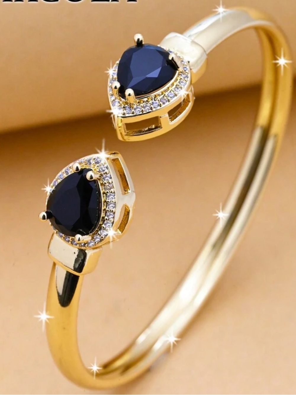Gold Bypass Cuff Bracelet with Teardrop Navy Stones - Women Jewelry